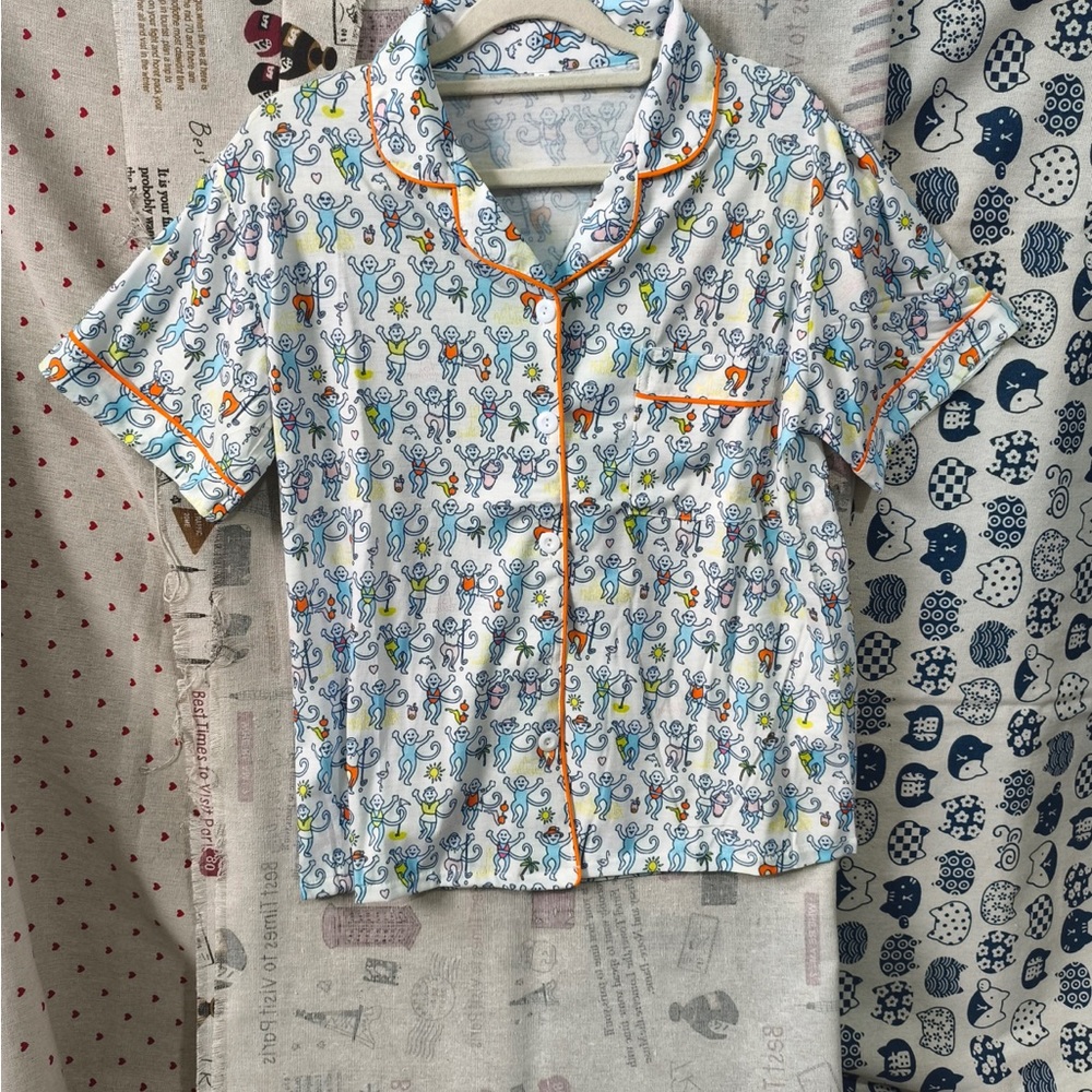Roller Rabbi Monkey Print Short Sleeve Pajama Set-White with Multicolor Monkeys